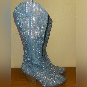 Blue Rhinestone Embellished Women's Boots